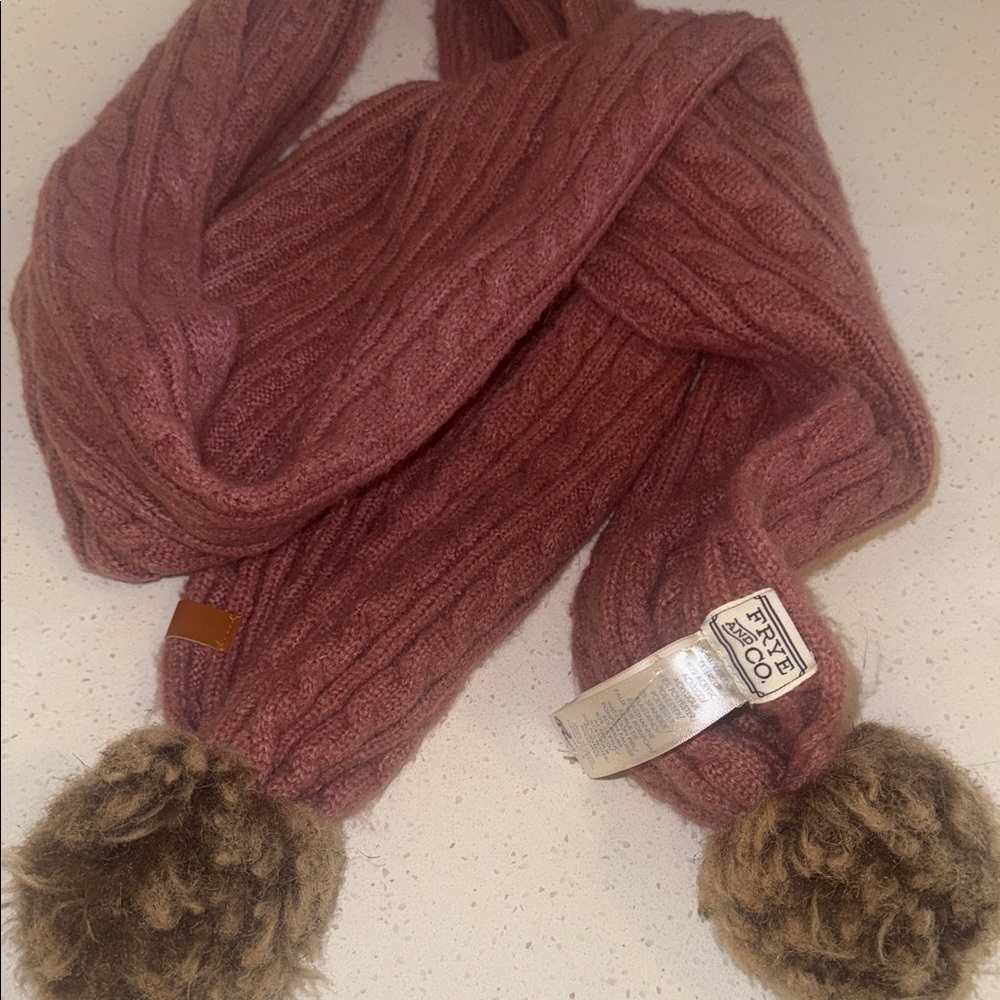Frye Pink Cable Knit Scarf with Brown Pom Poms